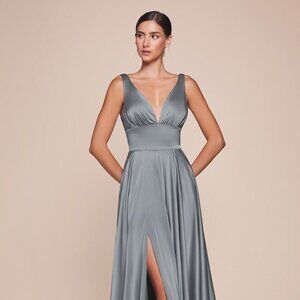 NEW FORMAL A-LINE SLEEVELESS SATIN DRESS W/ V-NECK & EMPIRE WAISTLINE CD 7469